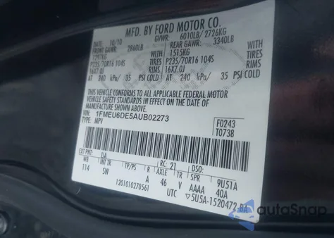 2010 Ford Explorer Xlt из США, поврежденный, VIN 1FMEU6DE5AUB02273